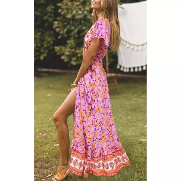 imageZESICA Womens 2024 Bohemian Floral Printed Wrap V Neck Short Sleeve Split Beach Party Maxi DressPinkpurple