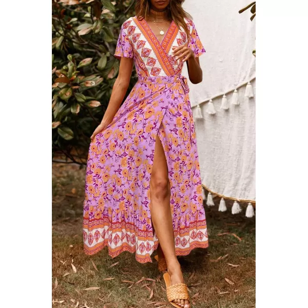 imageZESICA Womens 2024 Bohemian Floral Printed Wrap V Neck Short Sleeve Split Beach Party Maxi DressPinkpurple