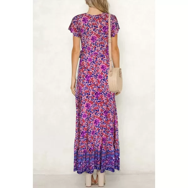 imageZESICA Womens 2024 Bohemian Floral Printed Wrap V Neck Short Sleeve Split Beach Party Maxi DressPurple