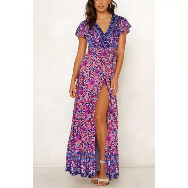 imageZESICA Womens 2024 Bohemian Floral Printed Wrap V Neck Short Sleeve Split Beach Party Maxi DressPurple
