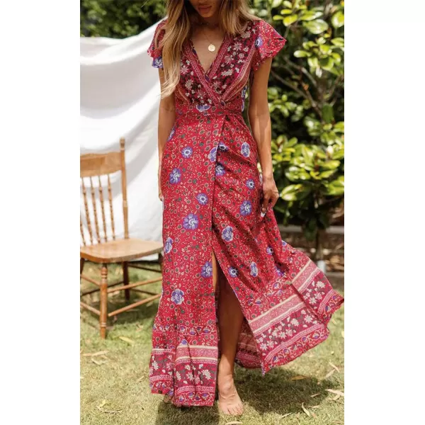 imageZESICA Womens 2024 Bohemian Floral Printed Wrap V Neck Short Sleeve Split Beach Party Maxi DressRed
