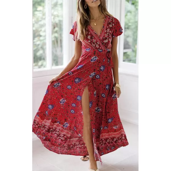 imageZESICA Womens 2024 Bohemian Floral Printed Wrap V Neck Short Sleeve Split Beach Party Maxi DressRed