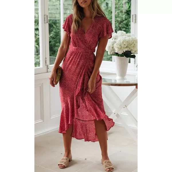 imageZESICA Womens 2024 Bohemian Floral Printed Wrap V Neck Short Sleeve Split Beach Party Maxi DressRedfloral
