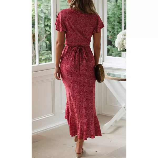 imageZESICA Womens 2024 Bohemian Floral Printed Wrap V Neck Short Sleeve Split Beach Party Maxi DressRedfloral