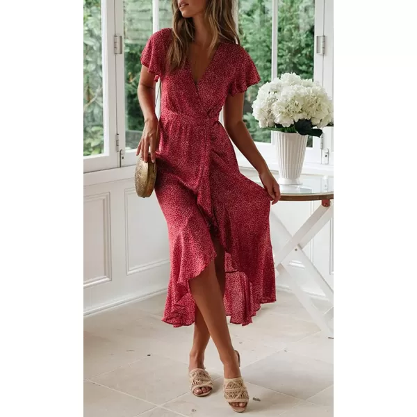 imageZESICA Womens 2024 Bohemian Floral Printed Wrap V Neck Short Sleeve Split Beach Party Maxi DressRedfloral