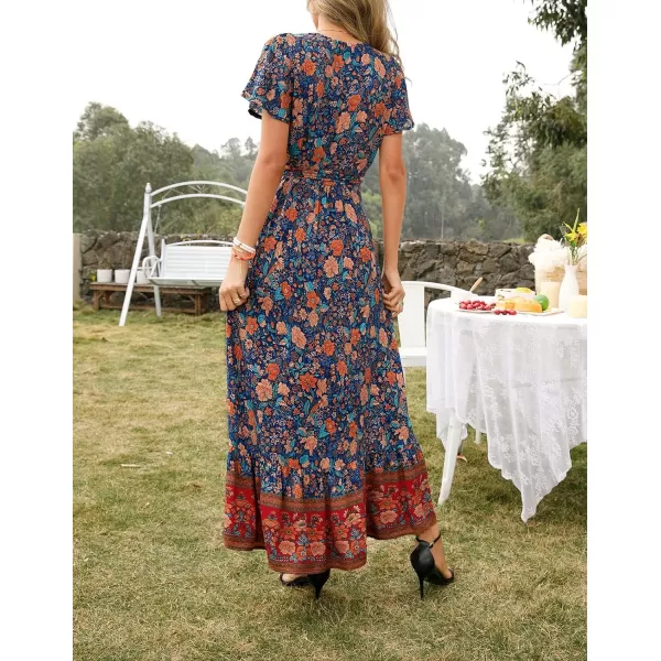 imageZESICA Womens 2024 Bohemian Floral Printed Wrap V Neck Short Sleeve Split Beach Party Maxi DressRoyal Blue