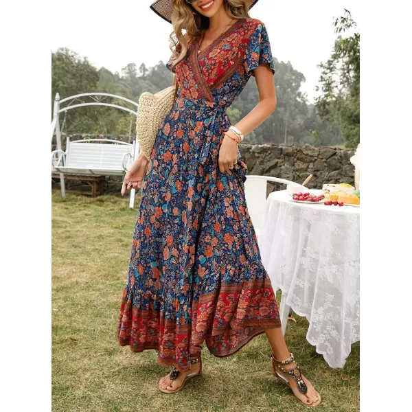imageZESICA Womens 2024 Bohemian Floral Printed Wrap V Neck Short Sleeve Split Beach Party Maxi DressRoyal Blue