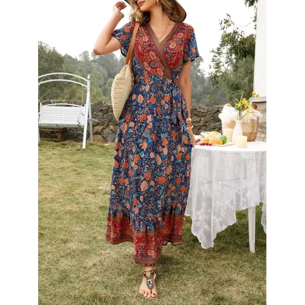 imageZESICA Womens 2024 Bohemian Floral Printed Wrap V Neck Short Sleeve Split Beach Party Maxi DressRoyal Blue