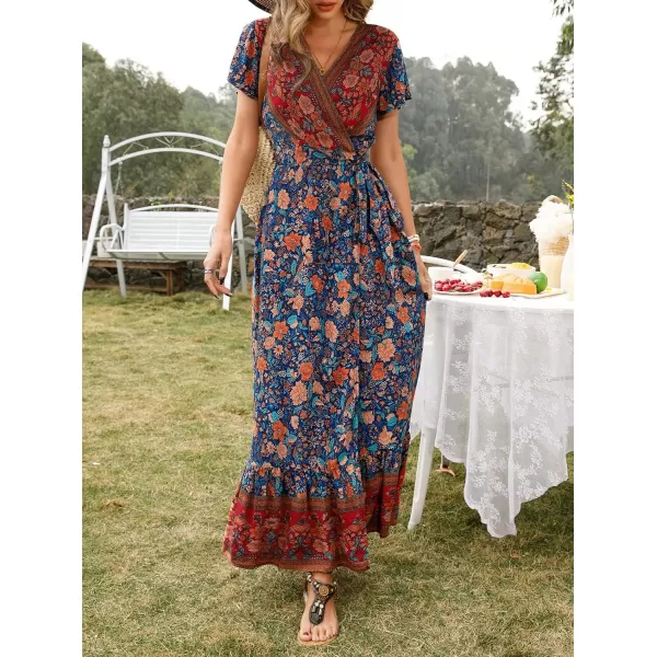imageZESICA Womens 2024 Bohemian Floral Printed Wrap V Neck Short Sleeve Split Beach Party Maxi DressRoyal Blue