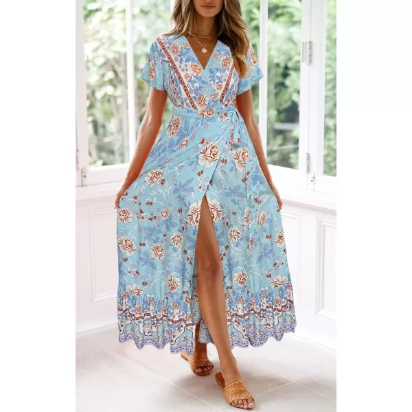 imageZESICA Womens 2024 Bohemian Floral Printed Wrap V Neck Short Sleeve Split Beach Party Maxi DressSkyblue