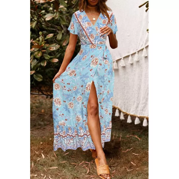 imageZESICA Womens 2024 Bohemian Floral Printed Wrap V Neck Short Sleeve Split Beach Party Maxi DressSkyblue