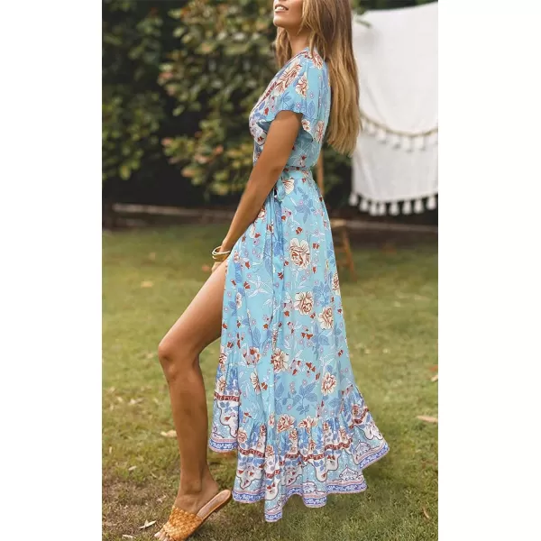 imageZESICA Womens 2024 Bohemian Floral Printed Wrap V Neck Short Sleeve Split Beach Party Maxi DressSkyblue
