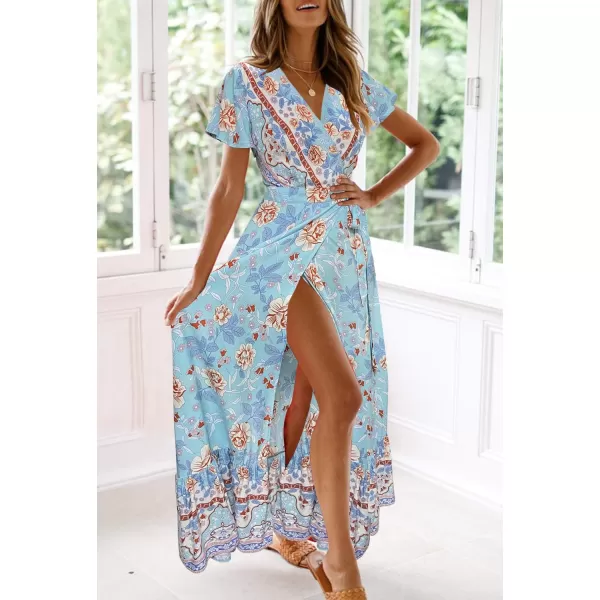 imageZESICA Womens 2024 Bohemian Floral Printed Wrap V Neck Short Sleeve Split Beach Party Maxi DressSkyblue