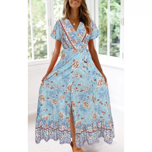 imageZESICA Womens 2024 Bohemian Floral Printed Wrap V Neck Short Sleeve Split Beach Party Maxi DressSkyblue