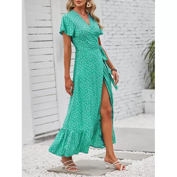 imageZESICA Womens 2024 Bohemian Floral Printed Wrap V Neck Short Sleeve Split Beach Party Maxi DressSpringgreen