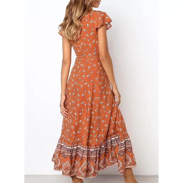 imageZESICA Womens 2024 Bohemian Floral Printed Wrap V Neck Short Sleeve Split Beach Party Maxi DressTangerine