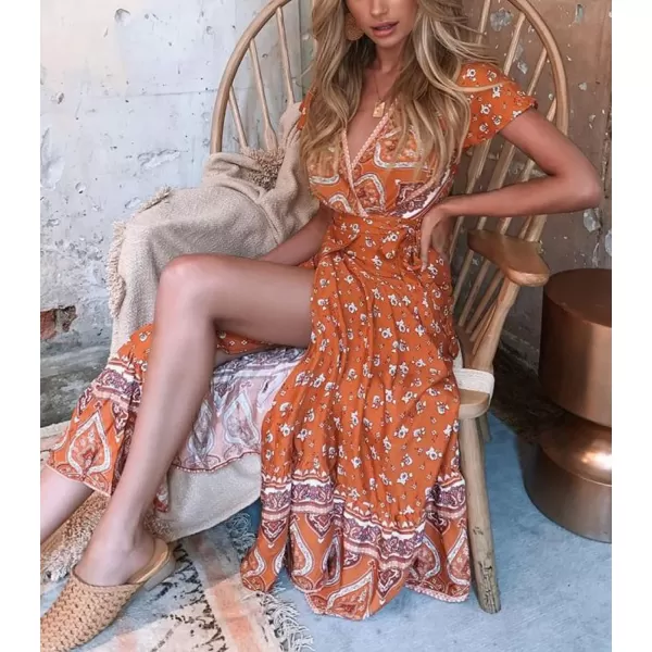 imageZESICA Womens 2024 Bohemian Floral Printed Wrap V Neck Short Sleeve Split Beach Party Maxi DressTangerine