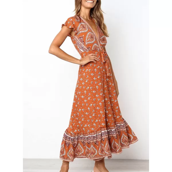 imageZESICA Womens 2024 Bohemian Floral Printed Wrap V Neck Short Sleeve Split Beach Party Maxi DressTangerine