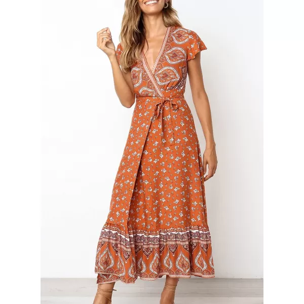 imageZESICA Womens 2024 Bohemian Floral Printed Wrap V Neck Short Sleeve Split Beach Party Maxi DressTangerine