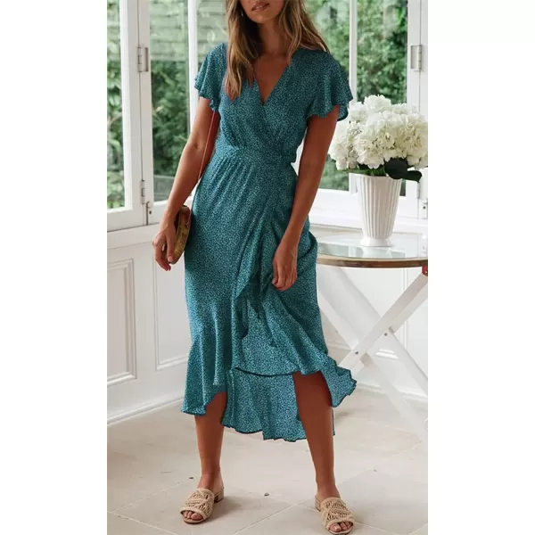 imageZESICA Womens 2024 Bohemian Floral Printed Wrap V Neck Short Sleeve Split Beach Party Maxi DressTeal