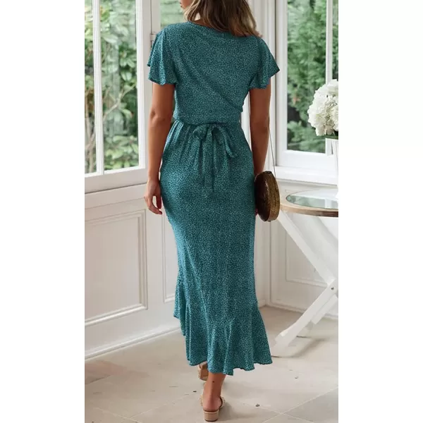 imageZESICA Womens 2024 Bohemian Floral Printed Wrap V Neck Short Sleeve Split Beach Party Maxi DressTeal
