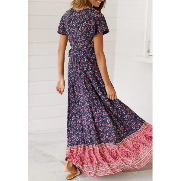 imageZESICA Womens 2024 Bohemian Floral Printed Wrap V Neck Short Sleeve Split Beach Party Maxi DressTwilightblue