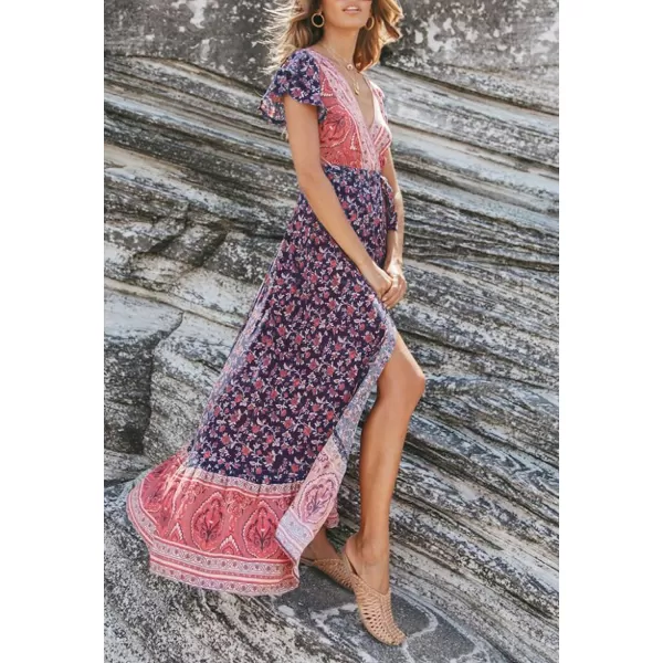 imageZESICA Womens 2024 Bohemian Floral Printed Wrap V Neck Short Sleeve Split Beach Party Maxi DressTwilightblue