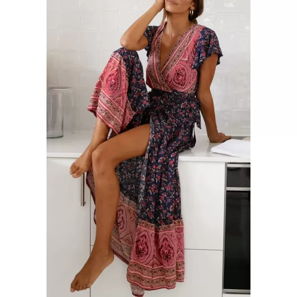 imageZESICA Womens 2024 Bohemian Floral Printed Wrap V Neck Short Sleeve Split Beach Party Maxi DressTwilightblue