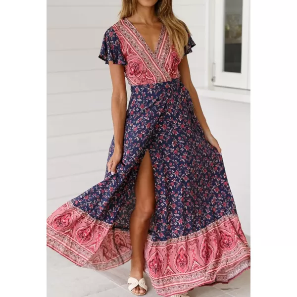 imageZESICA Womens 2024 Bohemian Floral Printed Wrap V Neck Short Sleeve Split Beach Party Maxi DressTwilightblue
