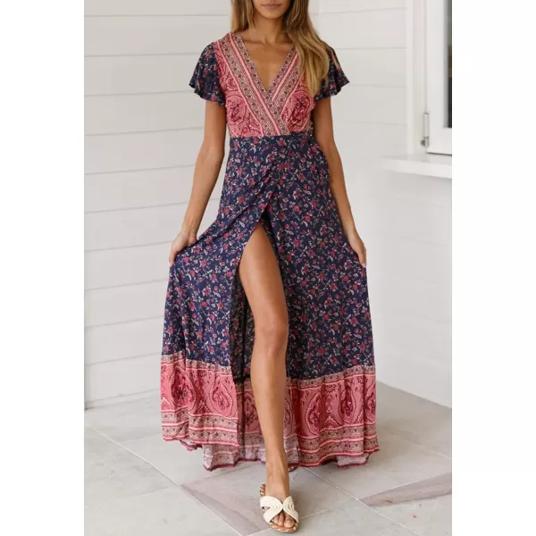 imageZESICA Womens 2024 Bohemian Floral Printed Wrap V Neck Short Sleeve Split Beach Party Maxi DressTwilightblue