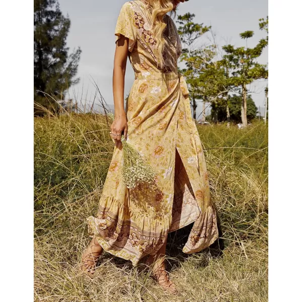 imageZESICA Womens 2024 Bohemian Floral Printed Wrap V Neck Short Sleeve Split Beach Party Maxi DressYellow