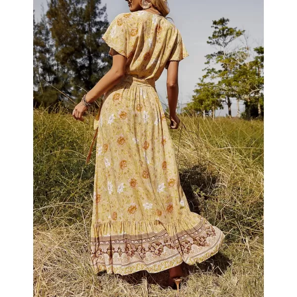 imageZESICA Womens 2024 Bohemian Floral Printed Wrap V Neck Short Sleeve Split Beach Party Maxi DressYellow