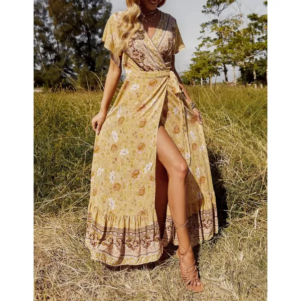 imageZESICA Womens 2024 Bohemian Floral Printed Wrap V Neck Short Sleeve Split Beach Party Maxi DressYellow