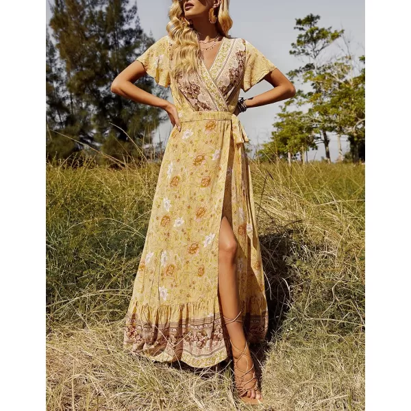 imageZESICA Womens 2024 Bohemian Floral Printed Wrap V Neck Short Sleeve Split Beach Party Maxi DressYellow