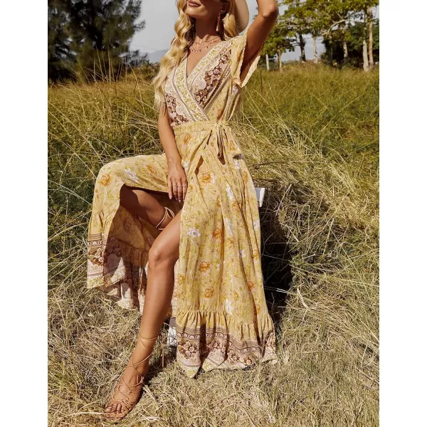 imageZESICA Womens 2024 Bohemian Floral Printed Wrap V Neck Short Sleeve Split Beach Party Maxi DressYellow