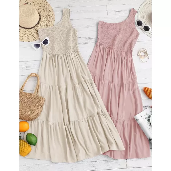 imageZESICA Womens 2024 Bohemian Summer Floral Print One Shoulder Sleeveless Smocked Ruffle Tiered Beach Long Midi DressBeige