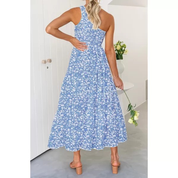 imageZESICA Womens 2024 Bohemian Summer Floral Print One Shoulder Sleeveless Smocked Ruffle Tiered Beach Long Midi DressBlue
