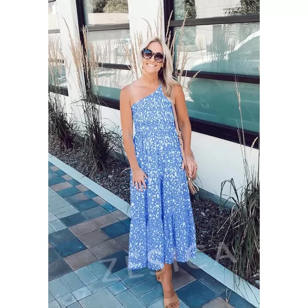 imageZESICA Womens 2024 Bohemian Summer Floral Print One Shoulder Sleeveless Smocked Ruffle Tiered Beach Long Midi DressBlue