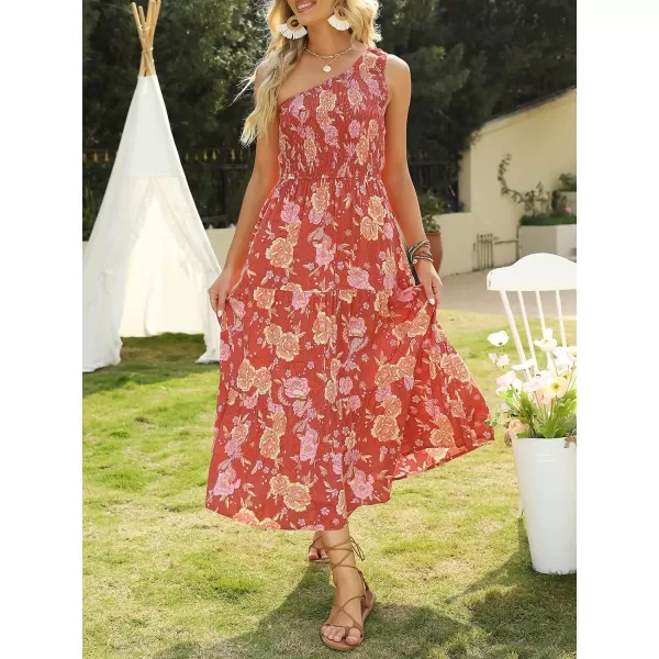 imageZESICA Womens 2024 Bohemian Summer Floral Print One Shoulder Sleeveless Smocked Ruffle Tiered Beach Long Midi DressBurntbrick