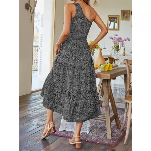 imageZESICA Womens 2024 Bohemian Summer Floral Print One Shoulder Sleeveless Smocked Ruffle Tiered Beach Long Midi DressCharcoal