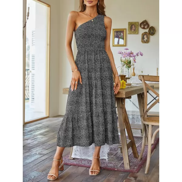 imageZESICA Womens 2024 Bohemian Summer Floral Print One Shoulder Sleeveless Smocked Ruffle Tiered Beach Long Midi DressCharcoal