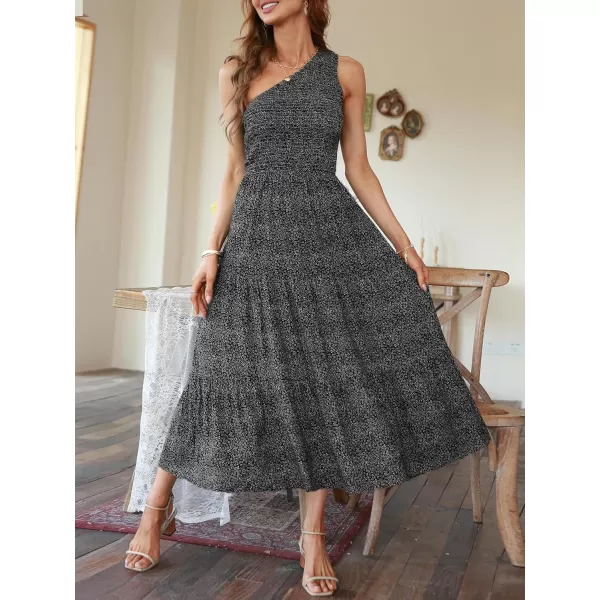 imageZESICA Womens 2024 Bohemian Summer Floral Print One Shoulder Sleeveless Smocked Ruffle Tiered Beach Long Midi DressCharcoal