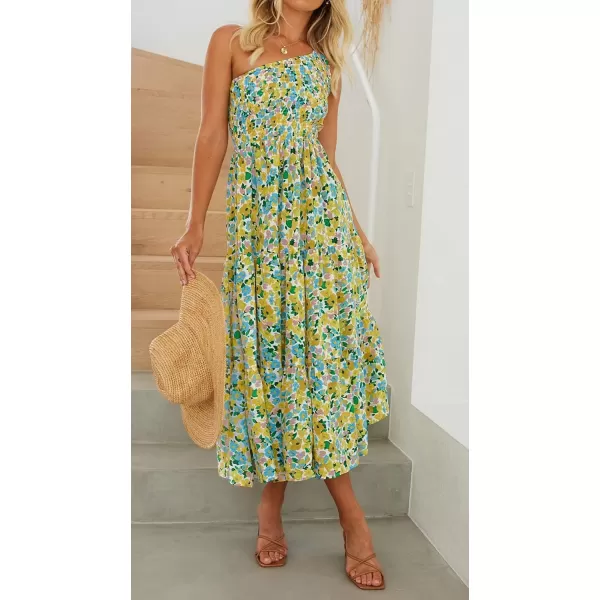 imageZESICA Womens 2024 Bohemian Summer Floral Print One Shoulder Sleeveless Smocked Ruffle Tiered Beach Long Midi DressChartreuse