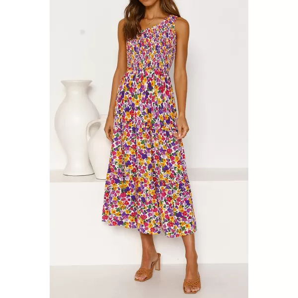 imageZESICA Womens 2024 Bohemian Summer Floral Print One Shoulder Sleeveless Smocked Ruffle Tiered Beach Long Midi DressPurple