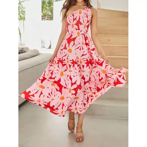 imageZESICA Womens 2024 Bohemian Summer Floral Print One Shoulder Sleeveless Smocked Ruffle Tiered Beach Long Midi DressRed