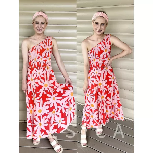 imageZESICA Womens 2024 Bohemian Summer Floral Print One Shoulder Sleeveless Smocked Ruffle Tiered Beach Long Midi DressRed