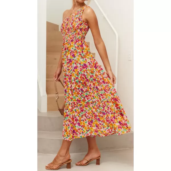 imageZESICA Womens 2024 Bohemian Summer Floral Print One Shoulder Sleeveless Smocked Ruffle Tiered Beach Long Midi DressRedyellow