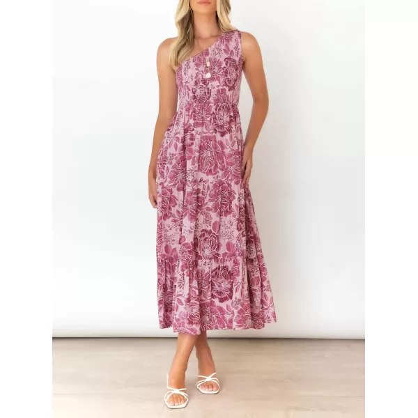 imageZESICA Womens 2024 Bohemian Summer Floral Print One Shoulder Sleeveless Smocked Ruffle Tiered Beach Long Midi DressRosepink