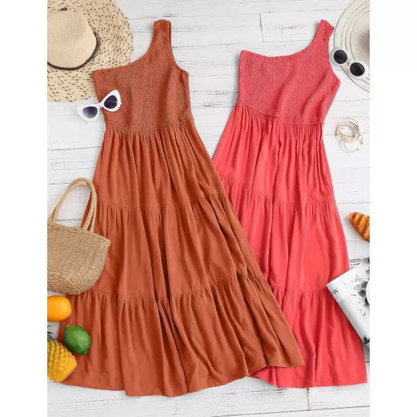 imageZESICA Womens 2024 Bohemian Summer Floral Print One Shoulder Sleeveless Smocked Ruffle Tiered Beach Long Midi DressSolidrust