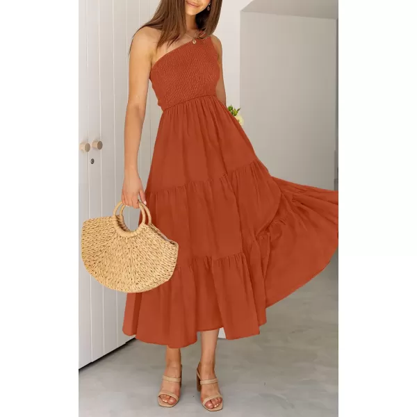 imageZESICA Womens 2024 Bohemian Summer Floral Print One Shoulder Sleeveless Smocked Ruffle Tiered Beach Long Midi DressSolidrust